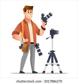 Character of professional male photographer holding camera with tripod