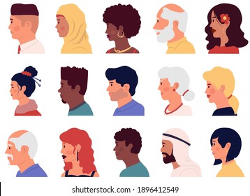 Character Profiles. Cartoon People Face Side Portraits. Different Nationalities Arabian, Asian And Muslim Men And Women. Young And Old Male And Female Humans. Vector Isolated On White Avatars Set