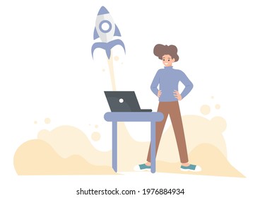 character programmer coding on laptop with Rocket launch concept of software development, booster, website developer, start up, working, Flat vector cartoon illustration