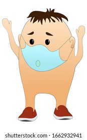 Character in a protective mask raised his hands. A man without clothes is protected from viruses and bacteria. Isolated on a white. Activist in a protest demonstration during an epidemic.