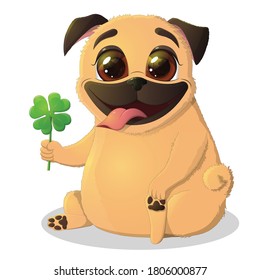 Сartoon character pug dog with clover in paw celebrating St Patricks Day isolated on white background. Vector illustration. Cute icon with happy pet.