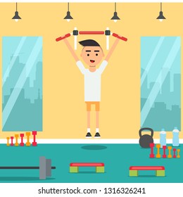 Character pulls up in the gym.flat cartoon design