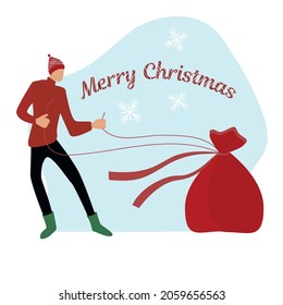 el personaje tira una gran bolsa roja de regalos de Navidad. Colorido texto feliz Navidad. Ilustración vectorial en estilo plano aislado en fondo blanco