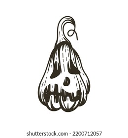 Character pumpkin head for halloween hand engraving. Scary pumpkin with carved face, black sketch on white background. Old vintage image isolated vector illustration