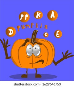 Character Pumpkin with list of vitamins in it. Vector illustration.