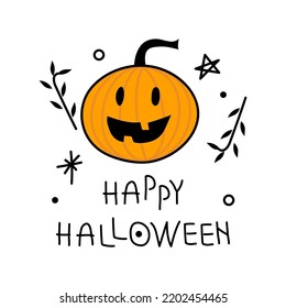Character pumpkin with phrase HAPPY HALLOWEEN. Vector illustration Spooky Season creepy avatar on 31 October. 