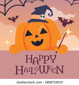 The character of pumpkin with the witch costume in flat vector style. illustation for halloween party for background, graphic,content , banner, sticker label and greeting card.