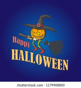 Character of pumpkin witch on broom in vector