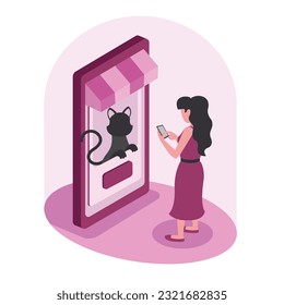 Personajes comprando mascotas a través de una aplicación móvil. Mujer sin rostro con teléfono celular en las manos parada frente a la imagen de un gato negro sentado en una cabina que aparece en la pantalla del smartphone. Vector