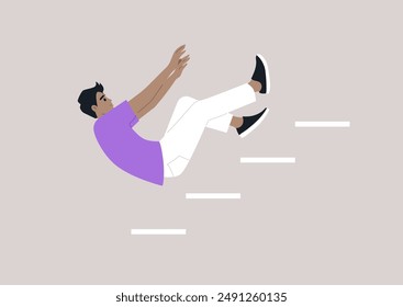 A character in a purple shirt and white pants falls down a flight of stairs, their arms outstretched in a gesture of panicked defense