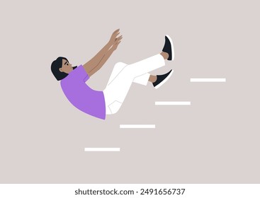 A character in a purple shirt and white pants falls down a flight of stairs, their arms outstretched in a gesture of panicked defense