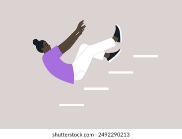 A character in a purple shirt and white pants falls down a flight of stairs, their arms outstretched in a gesture of panicked defense