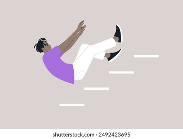 A character in a purple shirt and white pants falls down a flight of stairs, their arms outstretched in a gesture of panicked defense