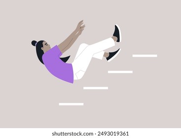 A character in a purple shirt and white pants falls down a flight of stairs, their arms outstretched in a gesture of panicked defense