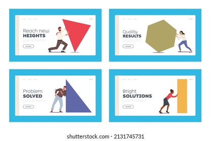 Character Push Big Shapes Landing Page Template Set. Men and Women Push Different Pieces, Business Metaphor of Hard Work, Overcoming. People Move Heavy Geometric Figures. Cartoon Vector Illustration