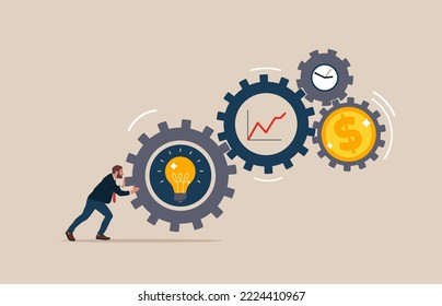 Character is pushing a big gear. Search for a solution to the problem. Symbol of opportunity, improvement, motivation, challenge. Effort and time to make money, success long term investment.
