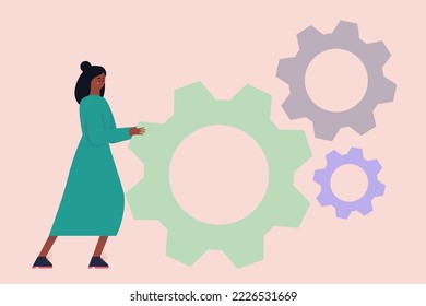 El personaje está empujando un engranaje grande. 
Buscar una solución al problema. Ilustración vectorial en un estilo plano