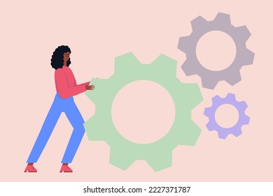 Character is pushing a big gear. 
Search for a solution to the problem. Vector illustration in a flat style