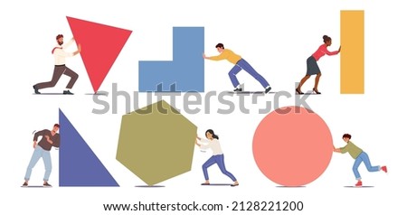 Character Pushing Big Shapes. Men and Women Push Different Pieces, Business Metaphor. Hard Difficult Work, Perseverance, Overcoming. People Move Heavy Geometric Figures. Cartoon Vector Illustration Foto d'archivio © 