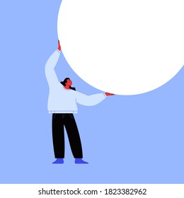 Character pushing up a blank white circle. Flat illustration of a woman with black hair holding white circle blank space. Template for your content.