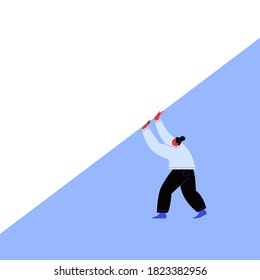 Character pushing up a blank white page. Flat illustration of a woman with a bun hairstyle holding white paper. Template for your content.