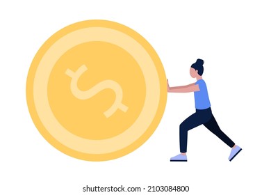 Carácter empujando una moneda grande. Ilustración vectorial en un estilo plano
