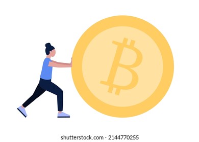 Carácter empujando una gran moneda criptográfica. Ilustración vectorial en un estilo plano