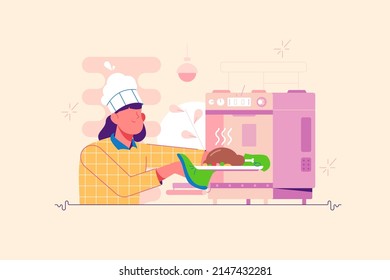 Character put homemade dish to oven for baking in kitchen vector illustration. Chef cooking chicken flat style. Gourmet, food, cook concept