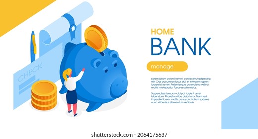 El carácter pone una moneda en la caja de dinero de forma de cerdo. Informe financiero con sello, cheque y lápiz en segundo plano. Perfecto para banners, infografías, impresiones. Ahorro presupuestario ilustración isométrica plana.