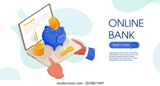 Character puts the coin into pig shape money box. Financial report on screen and key on the laptop. Perfect for banners, infographics, prints. Budget savings flat isometric illustration.
