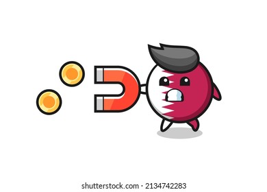 el personaje de la insignia de la bandera de qatar sostiene un imán para capturar las monedas de oro , diseño de estilo lindo para camiseta, pegatina, elemento logo