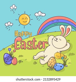 Character Of Rabbit And Chicken Baby Cute On Grass Field With Easter Egg Background,Hand Drawn Vector,illustration.