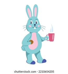 El personaje es un conejo con una taza y galletas. Ilustración vectorial de dibujos animados planos
