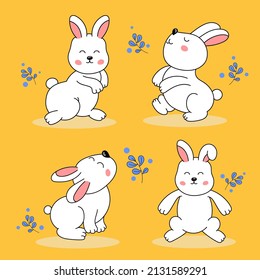 Character of Rabbit Cute collection on yellow background,Drawing vector illustration.