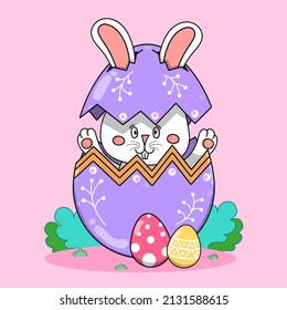Character of Rabbit Cute with Easter Egg on pink background,Hand Drawn vector,illustration.