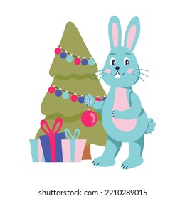Das Charakterkaninchen zieht den Weihnachtsbaum hoch. Flaches Cartoon, Vektorgrafik