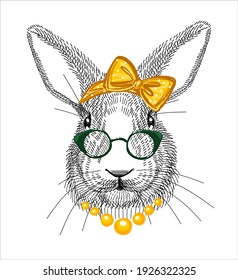 The character is a rabbit in a fashionably tied bow with glasses and beads. The hare is a fashionista beauty. Sketch illustration for T-shirt design, covers.