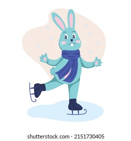 The character rabbit is skating on ice. Winter entertainment, January. Flat cartoon vector illustration