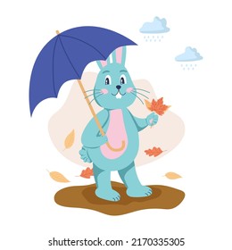 The character is a rabbit with an umbrella and autumn leaves. Autumn fun. Flat vector illustration