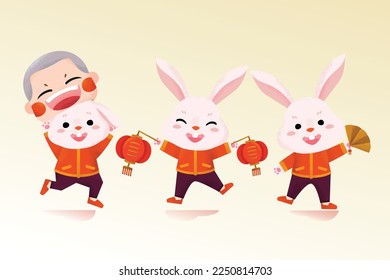 Character of rabbits. Cute rabbits wearing Chinese costume for Chinese New Year traditional. Happy Chinese New Year. Lunar New Year.