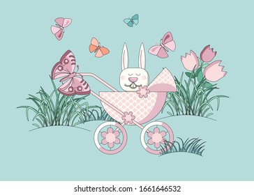 Character rabbits in a pram on a background of nature.