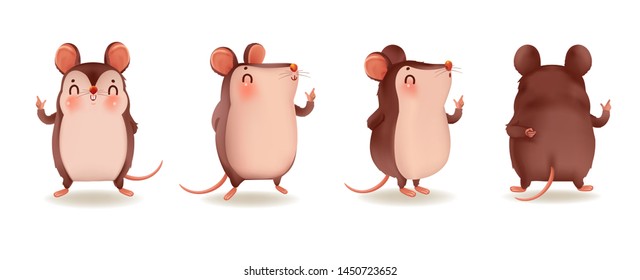 Character rats collection. Different and many views. Front, side, back. Design a vector cartoon isolated on a white background.