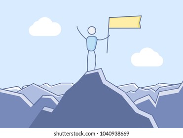 Character reaching the top of the mountain and celebrating. Vector illustration for motivation and success concepts.