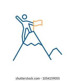 Character reaching top of the mountain and sticking a flag. Thin line icon trendy design