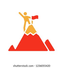 Character reaching top of the mountain and sticking a flag. Flat glyph icon trendy design