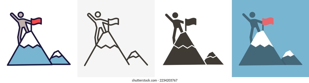 Carácter que llega a la cima de la montaña y pega una bandera. Icono de línea delgada diseño de moda en 4 estilos diferentes