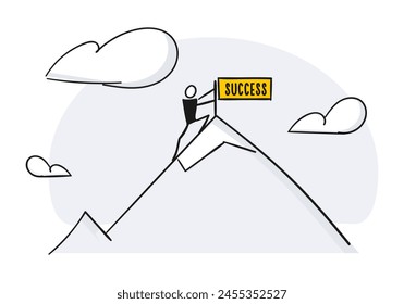 Character reaching top of the mountain with success flag on its peak. Vector illustration
