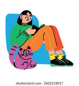 A character reading a book, flat style sticker 