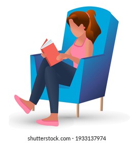 The character is reading a book while sitting in a chair. Vacation and learning at home concept. Drawing in a flat style. Can be used for collage, web design, banner