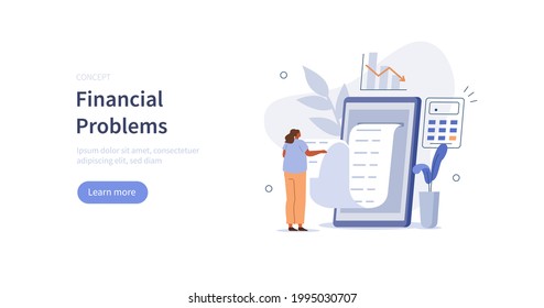 Character reading and calculating long financial bill or invoice online in mobile app on smartphone. Payment and debts management concept. Flat cartoon vector illustration.